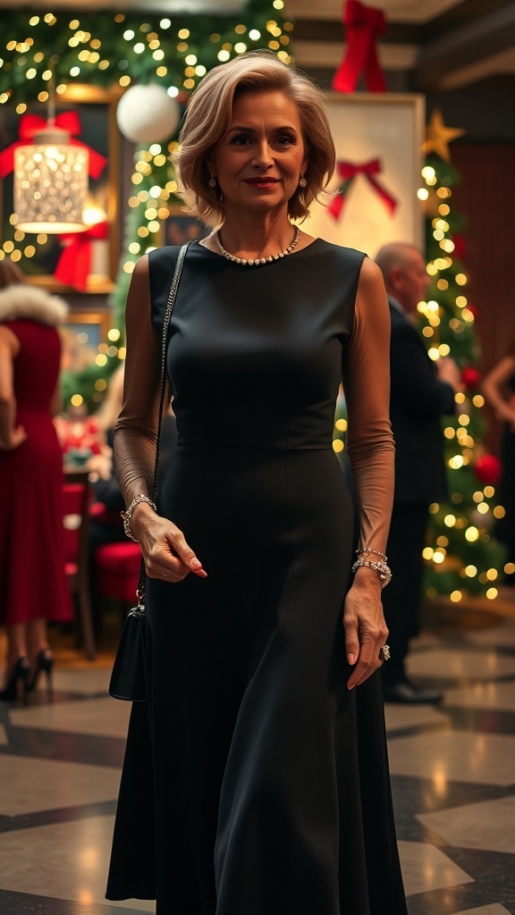 A fashionable woman over 40 in a festive setting, showcasing a stylish Christmas party outfit.